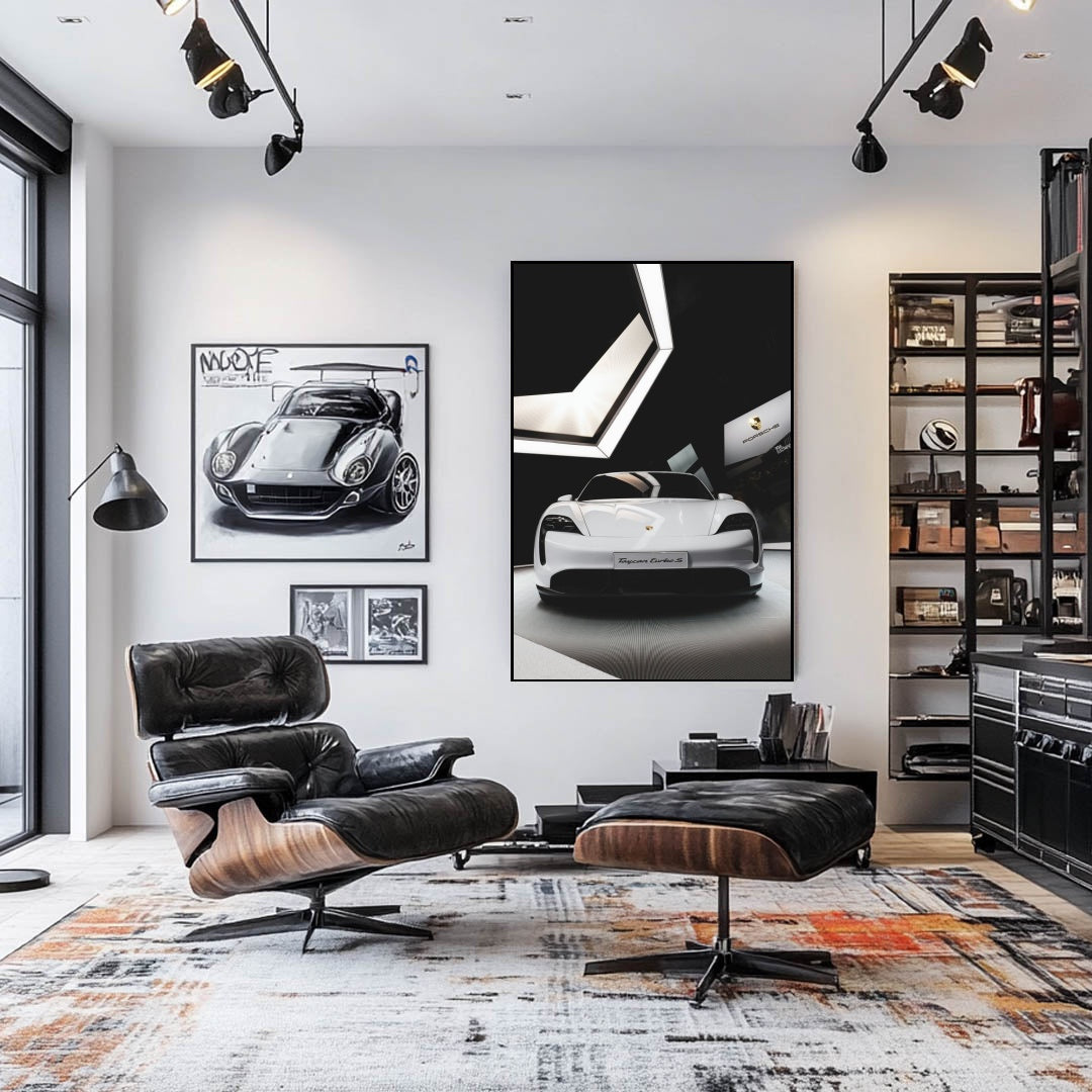 Porsche Taycan Turbo S in the Spotlight showcased as car wall art in a modern showroom with elegant decor.