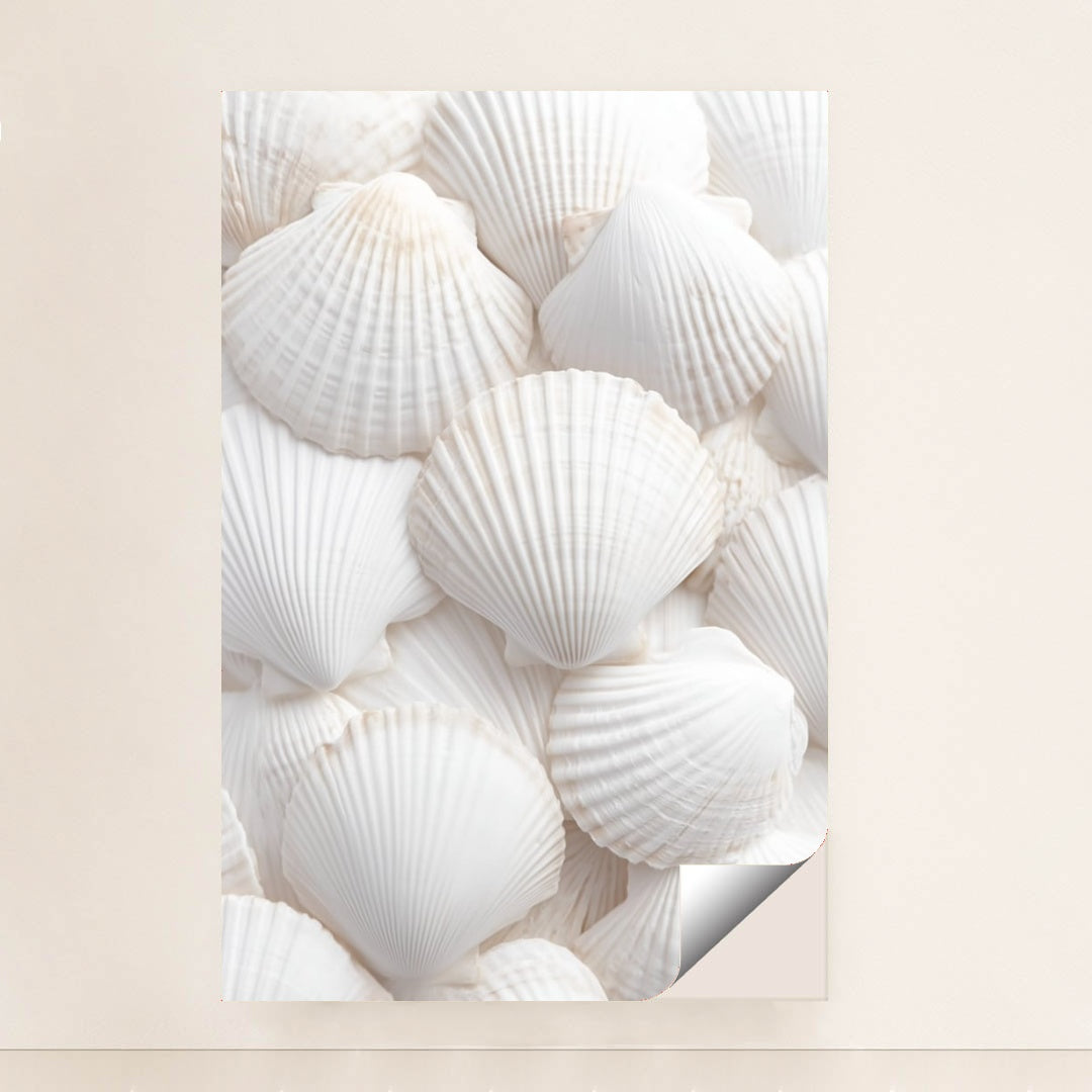 This artwork shows an arrangement of white scallop shells layered in a soft, airy composition, unframed.