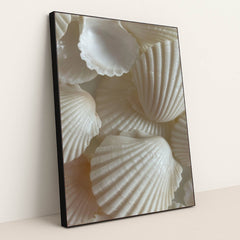 This artwork features an arrangement of white clam shells with ribbed textures, in a black frame.