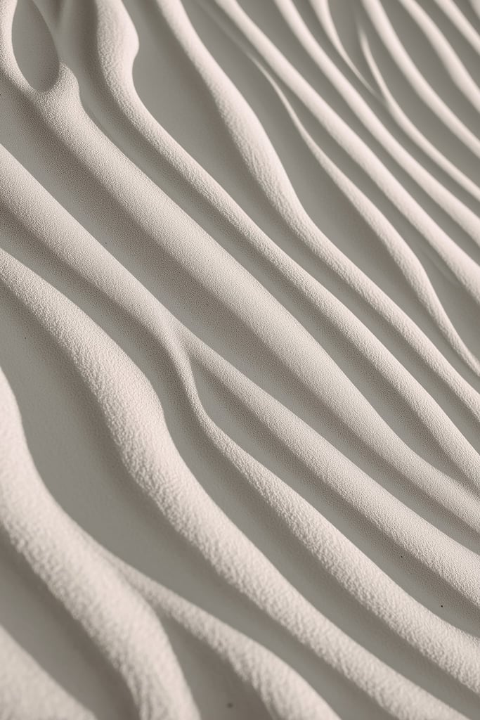 This artwork shows smooth, wavy lines of pale sand in soft sunlight.