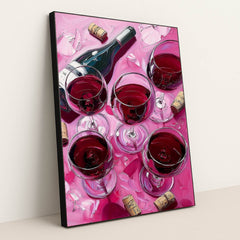 This artwork shows a wine bottle and five glasses of red wine with corks and petals on a pink surface, in a black frame.