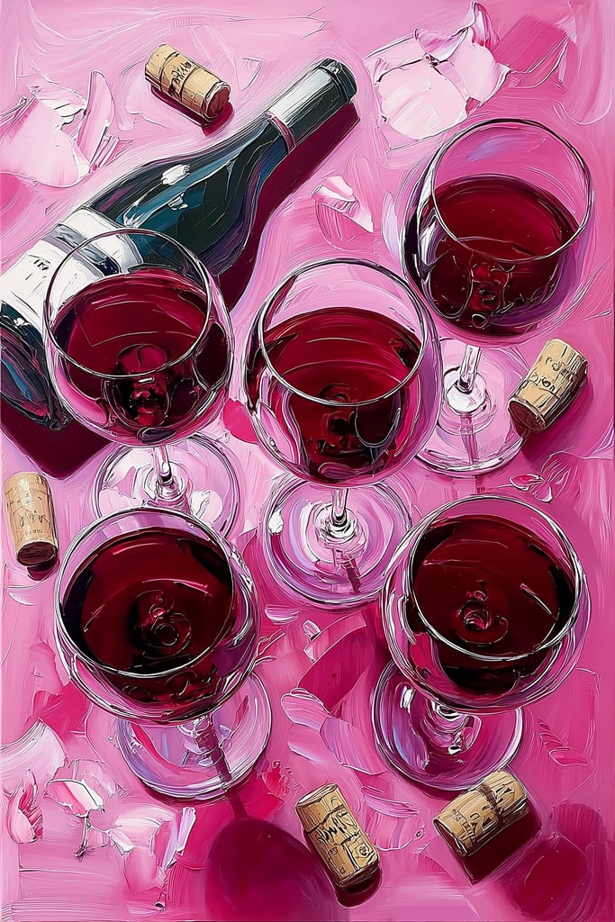 This artwork shows a wine bottle and five glasses of red wine with corks and petals on a pink surface.