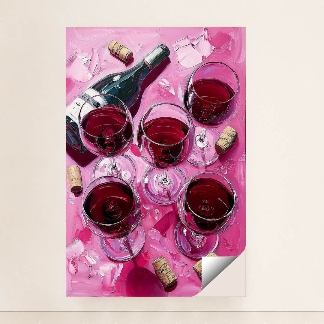 This artwork shows a wine bottle and five glasses of red wine with corks and petals on a pink surface, unframed.