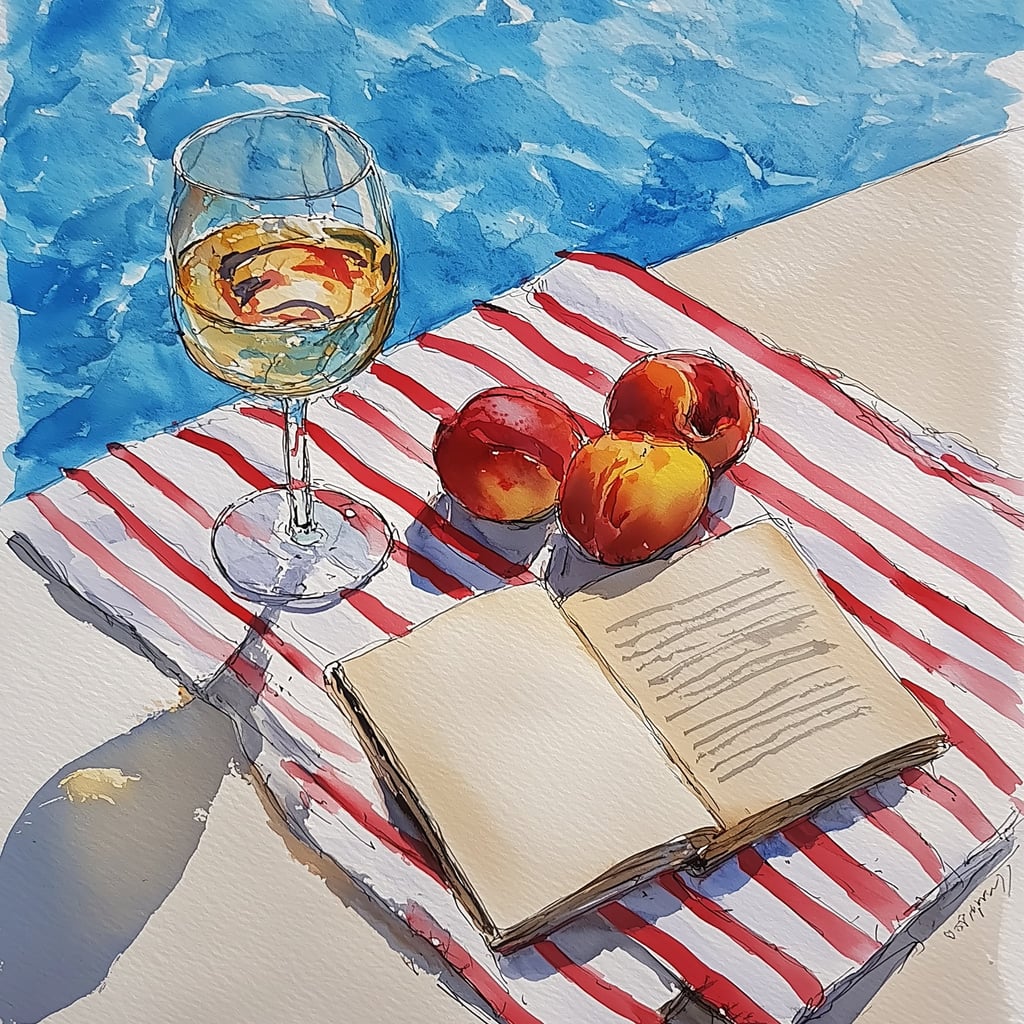 This artwork features a wine glass, peaches, and an open book on a striped towel beside a pool.