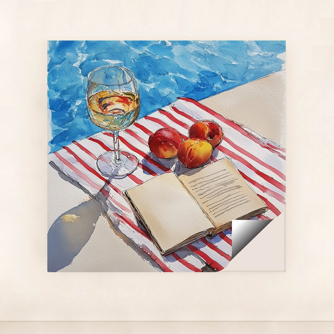 This artwork features a wine glass, peaches, and an open book on a striped towel beside a pool, unframed.