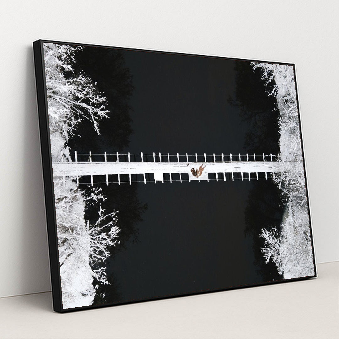 Winter Footbridge Over Dark River by Maksim Goncharenok - Black Frame Stretchiez