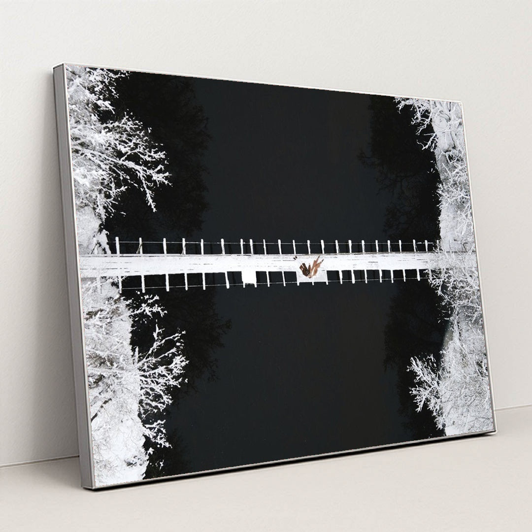 Winter Footbridge Over Dark River by Maksim Goncharenok - Silver Frame Stretchiez