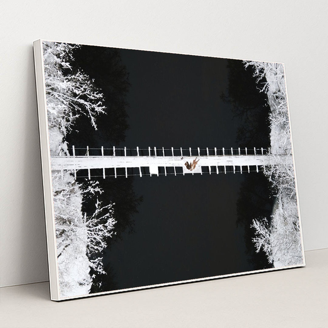 Winter Footbridge Over Dark River by Maksim Goncharenok - White Frame Stretchiez