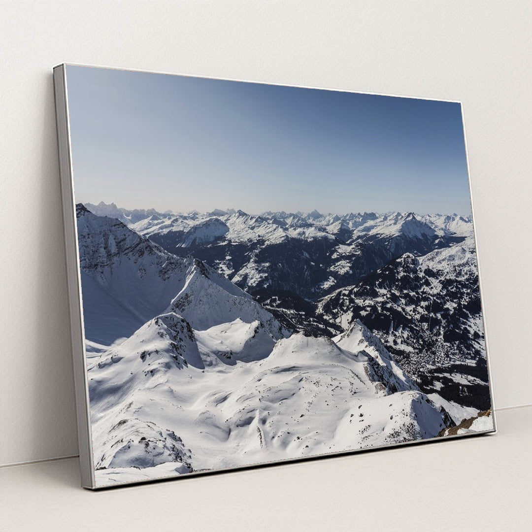 Winter's Majesty: Snow-Covered Mountains by Susanne Jutzeler, suju-foto - Silver Frame Stretchiez