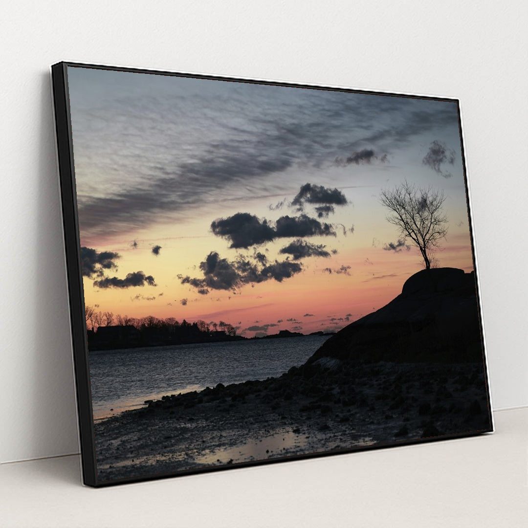 Tranquil Winter Sunrise at Cove Island Park by David Kanigan - Black Frame Stretchiez