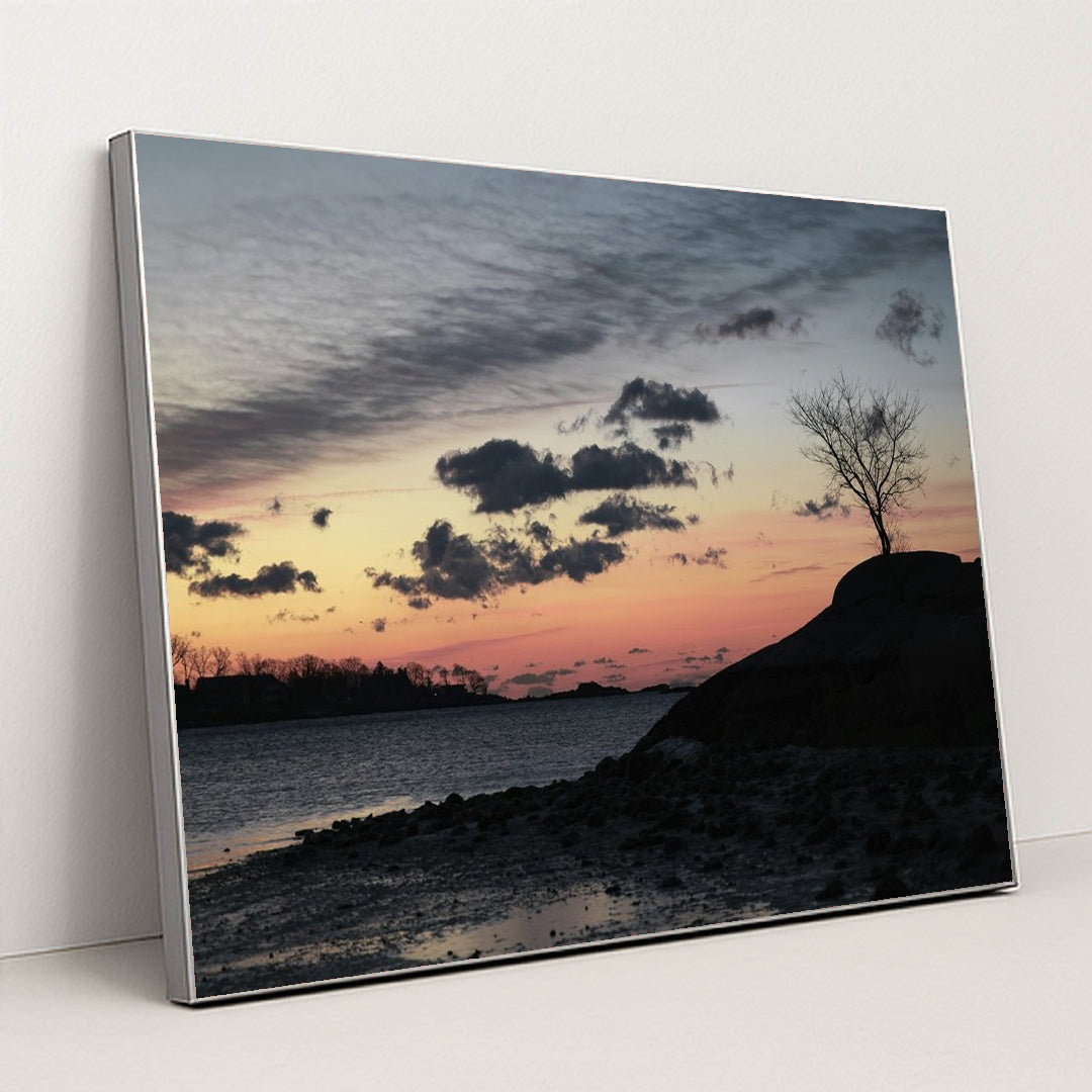 Tranquil Winter Sunrise at Cove Island Park by David Kanigan - Silver Frame Stretchiez