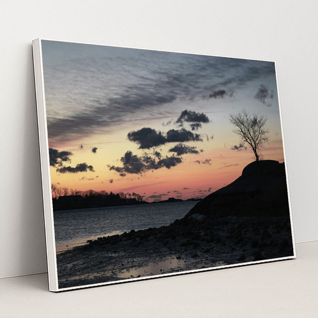 Tranquil Winter Sunrise at Cove Island Park by David Kanigan - White Frame Stretchiez