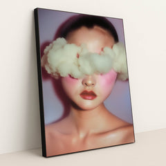 Porcelain Eclipse wall art, modern art surreal portrait of a woman with clouds in her head in black frame.
