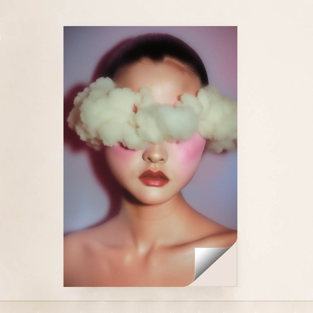 Porcelain Eclipse wall art featuring a surreal portrait of a woman with clouds in her head, unframed art.