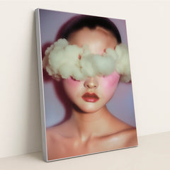 Porcelain Eclipse wall art, surreal portrait of a woman with clouds in her head in silver frame.