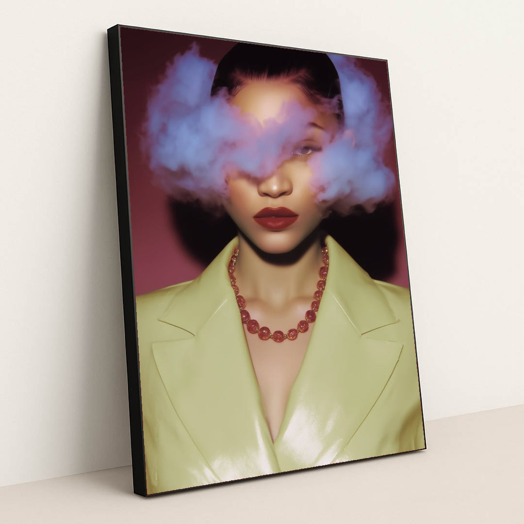 Citrine Aura wall art depicting a surreal portrait of a woman with clouds in her head, dreamy illustration, modern art, framed art with black frame.