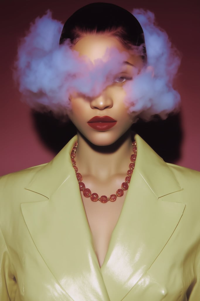 Citrine Aura: surreal portrait of a woman with clouds in her head, contemporary wall art, dreamy illustration, canvas print.