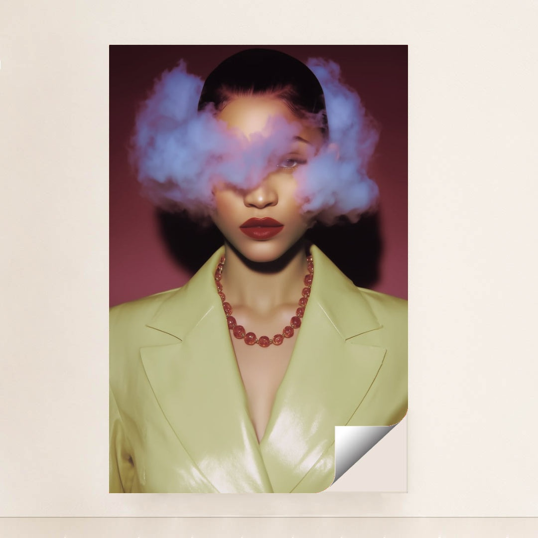 Citrine Aura wall art featuring a woman with clouds in her head in a pale chartreuse jacket, modern surreal portrait unframed art.