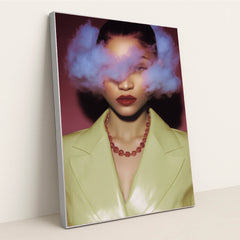 Citrine Aura wall art, modern art surreal portrait of a woman with clouds in her head, dreamy illustration on canvas print silver frame.