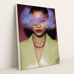 Citrine Aura wall art featuring a surreal portrait of a woman with clouds in her head, dreamy illustration on canvas print in white frame.