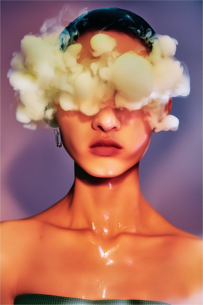 Artistic image of a woman with golden clouds and a violet backdrop in an unframed setting, featuring Molten Halo.