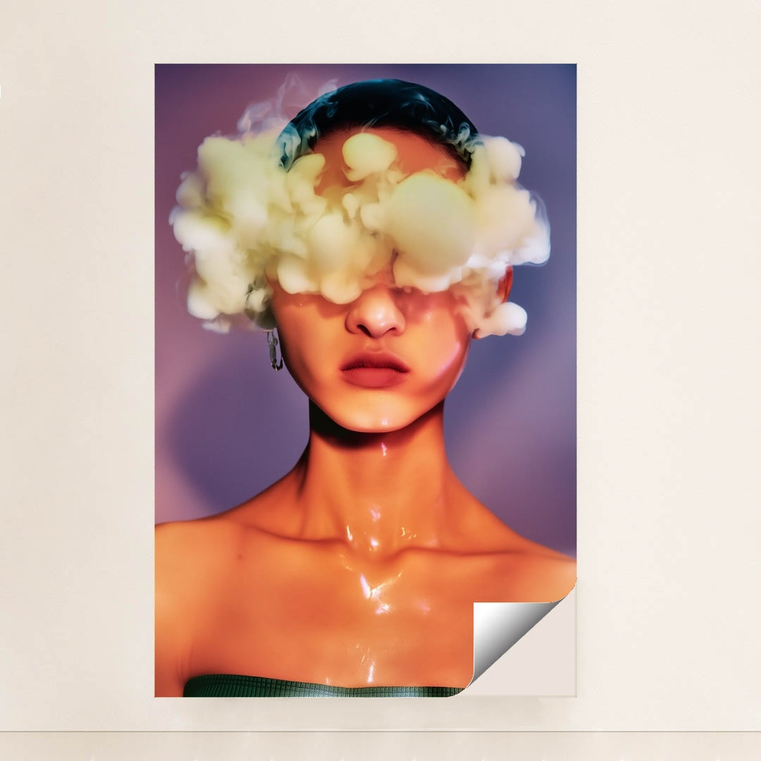 Portrait of a woman with clouds obscuring her eyes unframed.