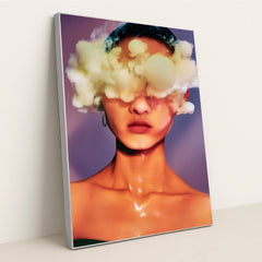 Portrait of a woman with golden clouds obscuring her eyes in a silver frame, titled Molten Halo.