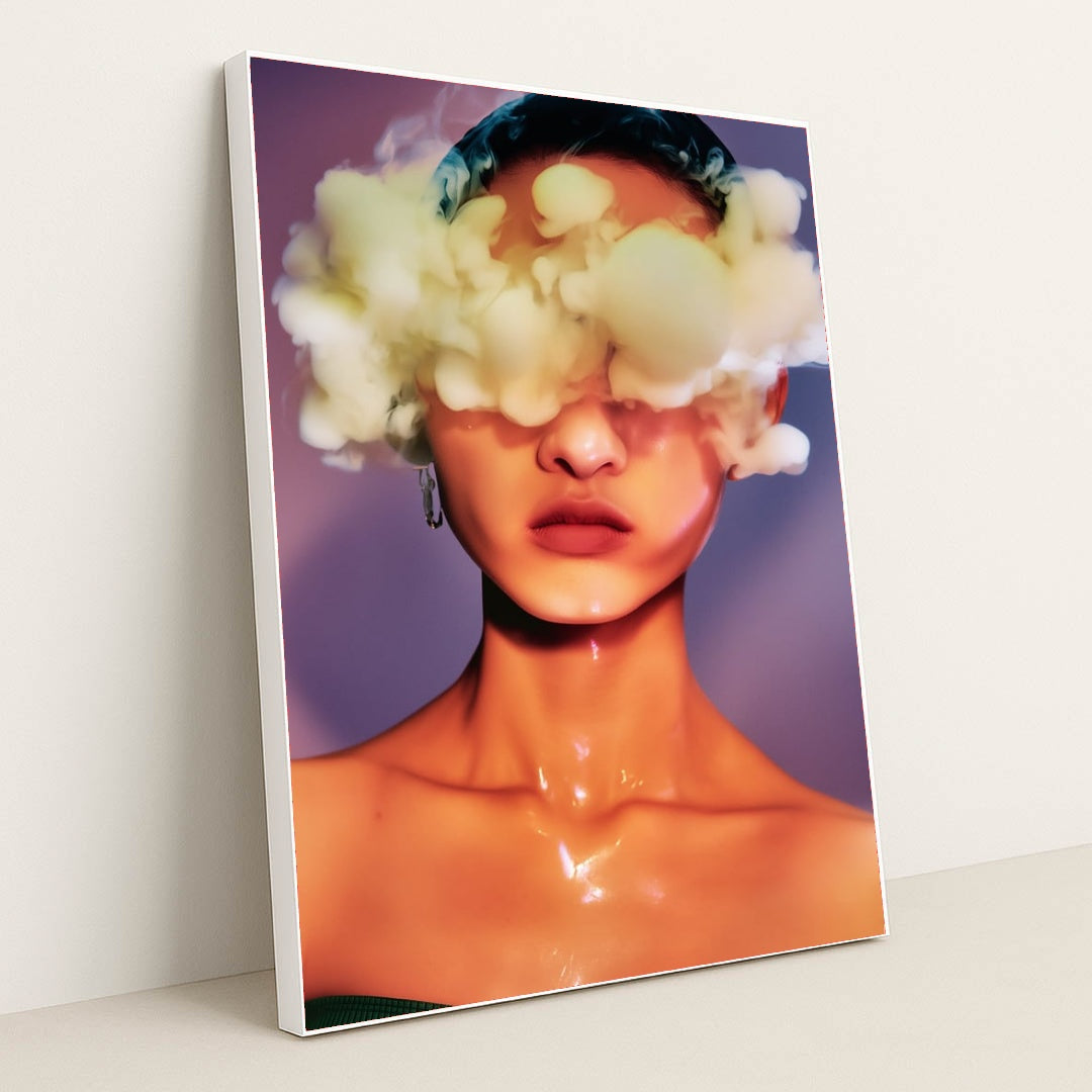 Portrait of a woman with clouds around her head in a white frame, featuring Molten Halo.