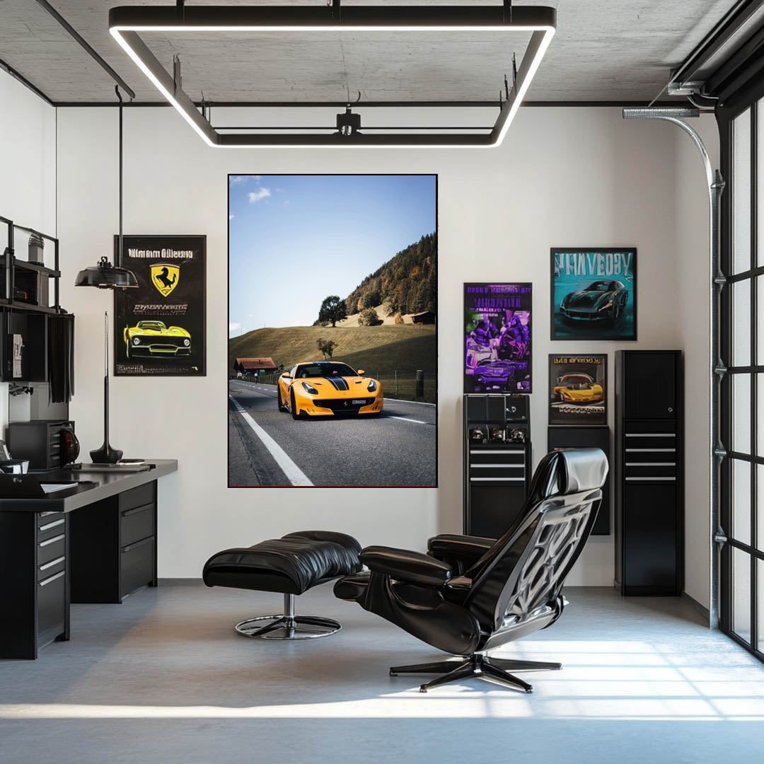 Ferrari F12tdf in Giallo Modena car wall art displayed in a modern office with racing-themed decor.