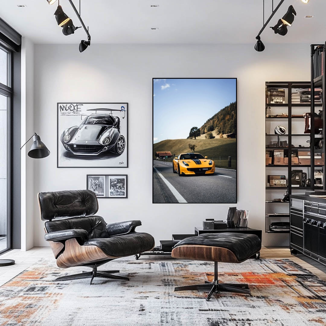 Ferrari F12tdf in Giallo Modena featured in stylish car wall art in modern living room setting.