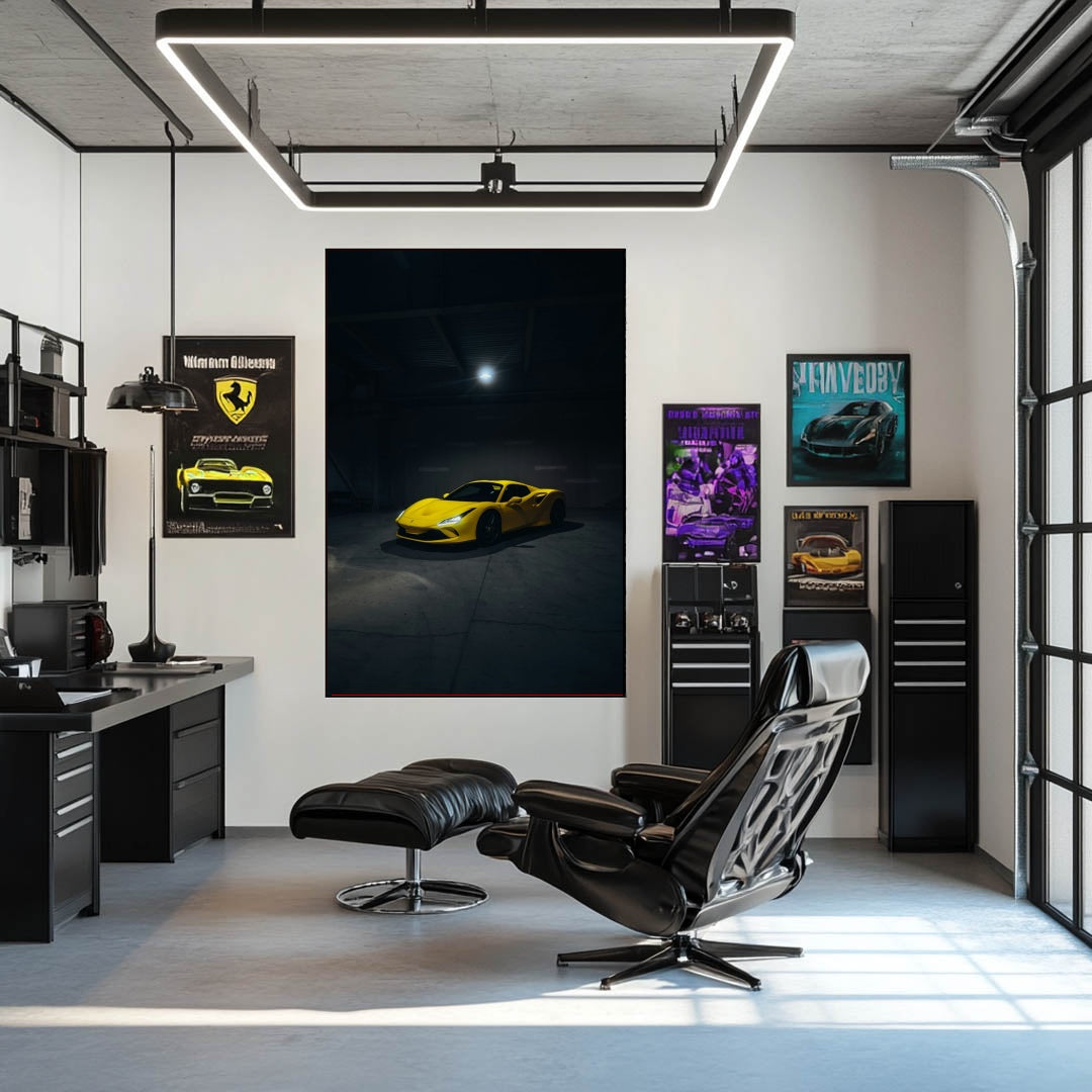 Ferrari F8 Tributo in the Spotlight car wall art displayed in a modern office setting with sleek furniture.