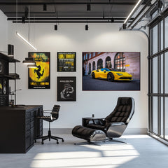 Ferrari SF90 Street Presence showcased on a wall in a modern office with black furniture and vibrant posters.