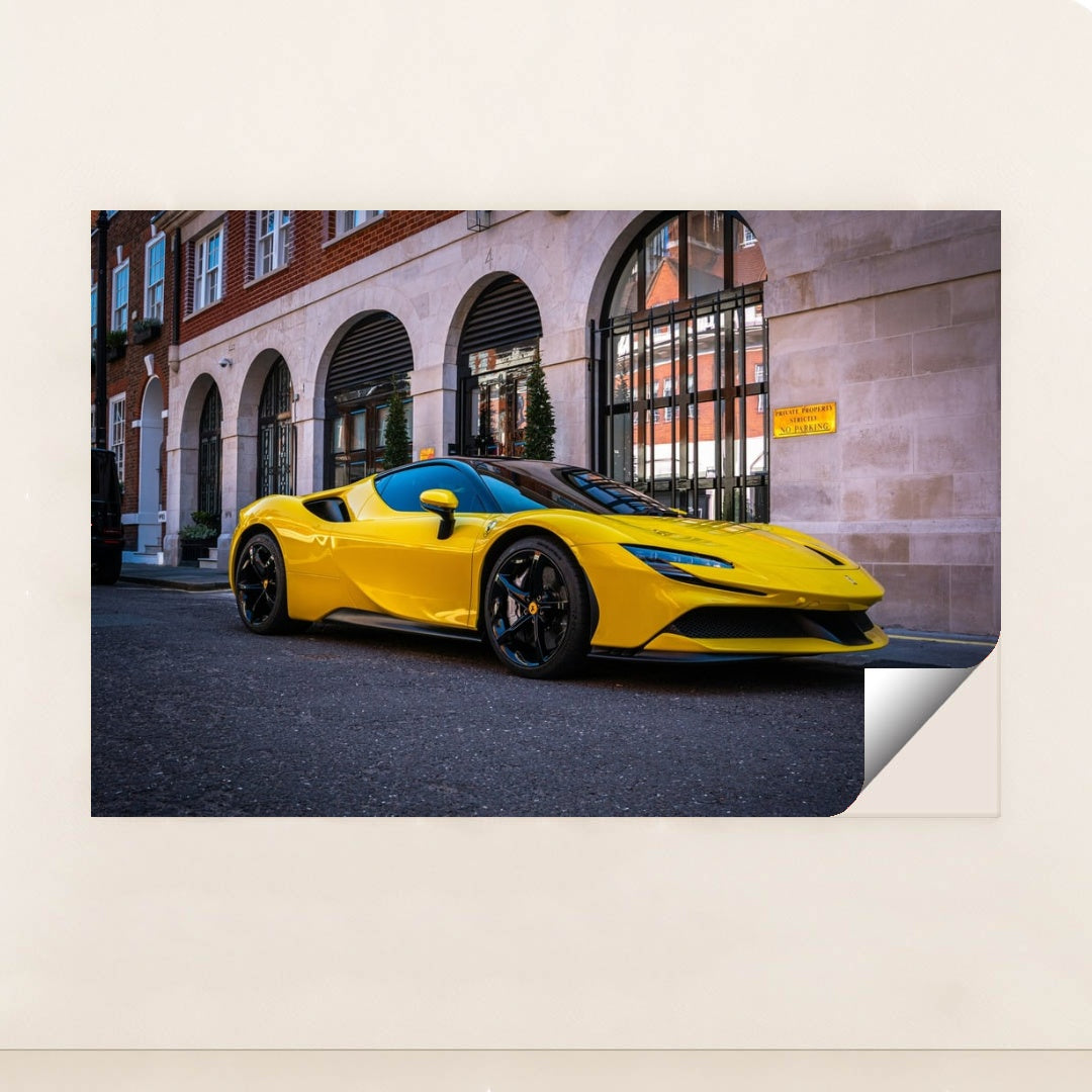 This photo shows a yellow Ferrari SF90 Stradale parked on the street in front of elegant city buildings, unframed style.