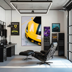 Ferrari Racing in Yellow Stripes car wall art displayed in a modern office setting with sleek furniture.