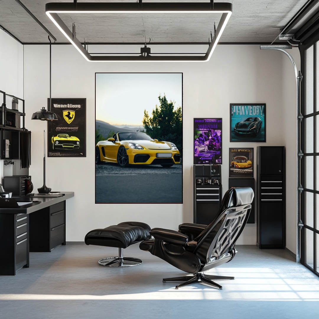 Porsche 718 Spyder Against the Horizon in a stylish office, showcasing car wall art with a striking yellow sports car.