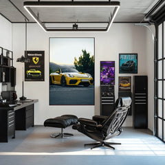 Porsche 718 Spyder Against the Horizon in a stylish office, showcasing car wall art with a striking yellow sports car.