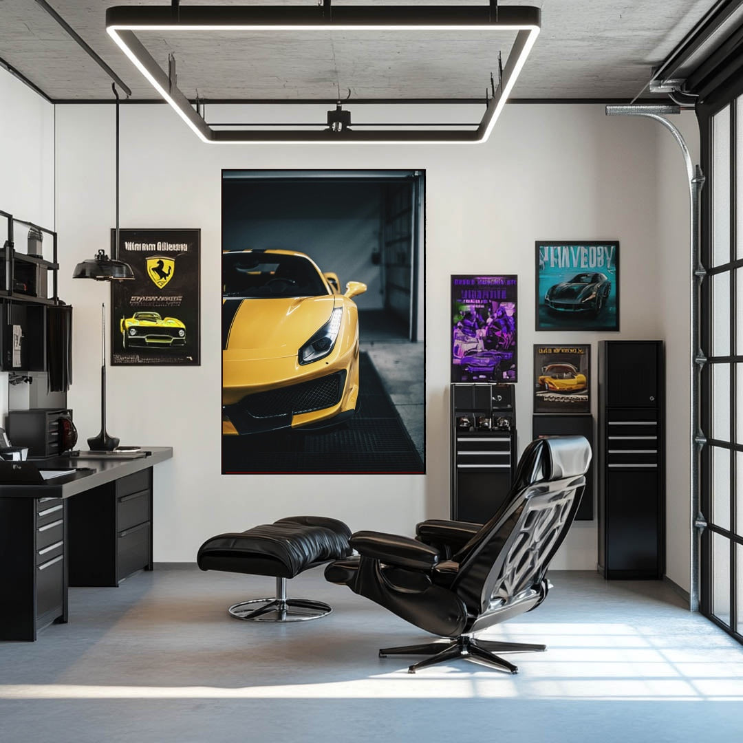 Ferrari 488 Pista in Giallo Modena showcased in a modern garage, surrounded by car wall art and sleek furniture.