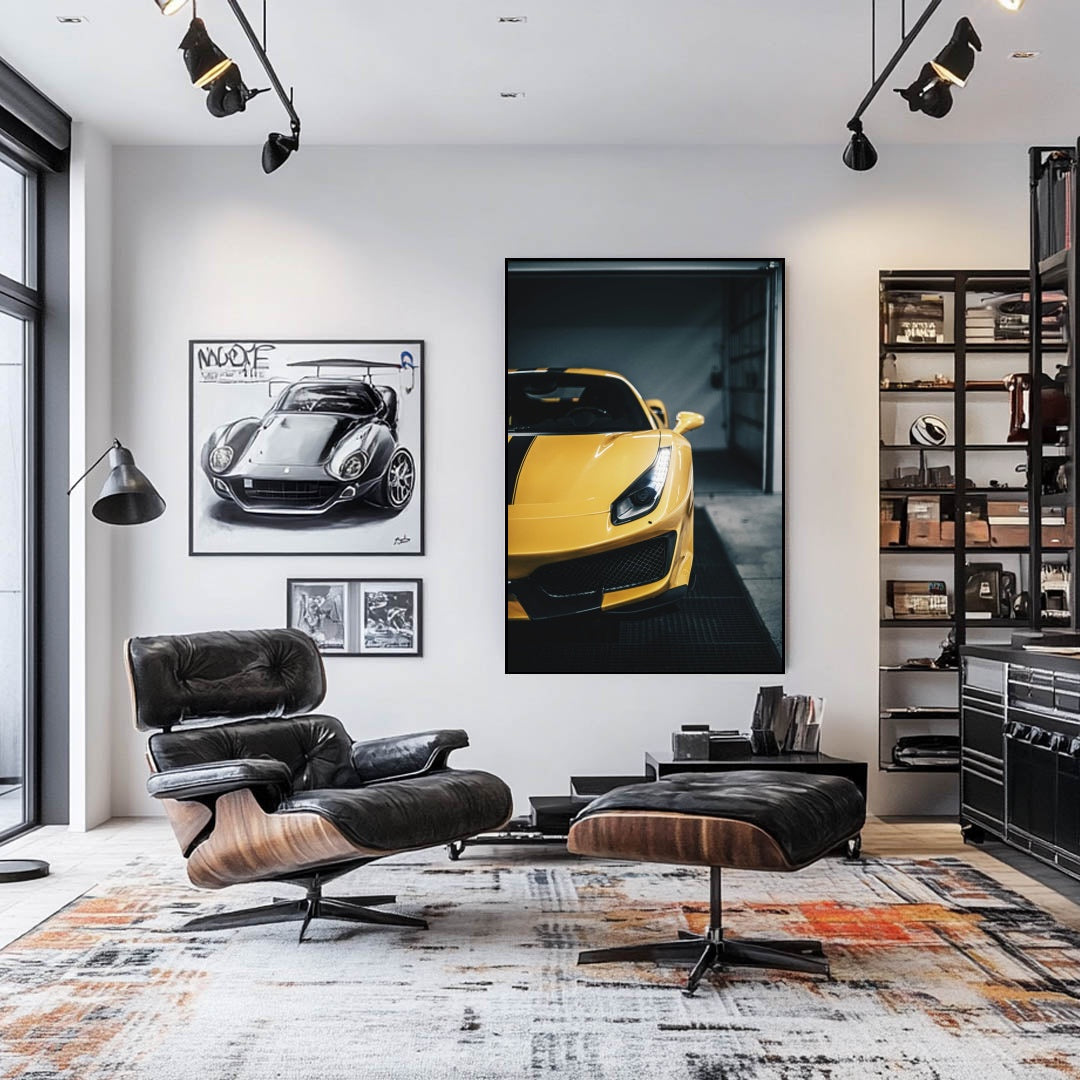 Ferrari 488 Pista in Giallo Modena displayed as car wall art in a modern living room setting.